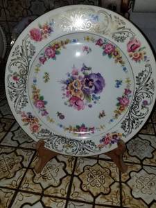 lot 7614 image: Purple and Pink Floral Plate with Gilded Edges and stand