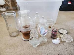 lot 7645 image: Lot of Clear Vases and Stoneware Candle Holder