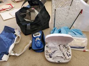 lot 7646 image: Homedics Nail Tech  Medical Supplies Sling  Ped Egg Power Ball  Vintage Plastic Trash Can