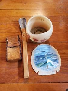 lot 7682 image: Leather Mexican Cigar Holder  Signed Painted Seashell and Boot Hook