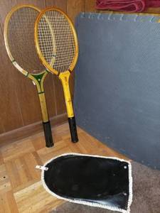 lot 7728 image: Lot of 2 Vintage Tennis Rackets with 2 Foam Floor Mats