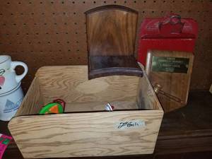 lot 7729 image: Lot with Wooden Box. .Book Wnd. Mini Clip Board. and Toys