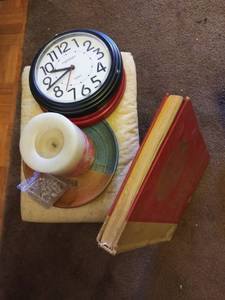lot 7743 image: Lot Stool, Clocks, Candle, Kansas Plate,Large Atlas Book