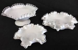 lot 61 image: Ruffled Clear Edge Milk Glass Bowls  One Has Fenton Sticker