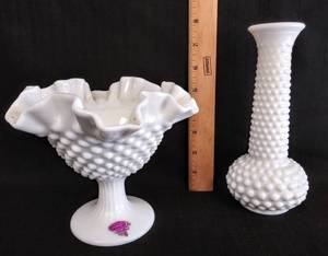 lot 62 image: Vintage Fenton Milk Glass Hobnail Pedestal Candy Dish & E.O. Brody Co. Vase