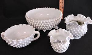 lot 64 image: Lot of 4  Vintage Milk Glass  Hobnail Footed Bowl & More