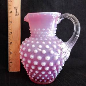 lot 66 image: Cranberry Opalescent Hobnail Glass Water Pitcher  Fenton