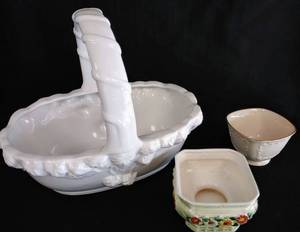 lot 68 image: Large Glass () Basket, Lenox China Bowl & Flower Painter Planter