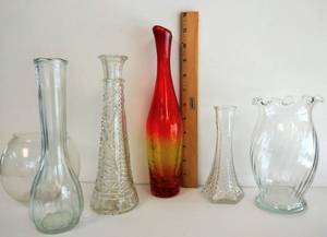 lot 73 image: Lot of 5 Clear Glass Vases  Bonus Blown Glass Red & Yellow Vase