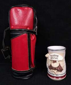 lot 81 image: Golf Bag Liquor Bottle Caddy & Golf Pottery Mug