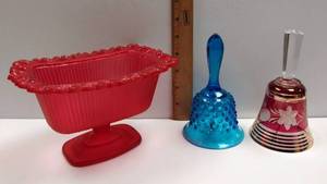 lot 84 image: Red Glass Pedestal Candy Dish & 2 Vintage Bells
