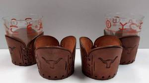 lot 91 image: Vintage Steer Embossed Leather Cup Holders - Set of 4  2 Glasses