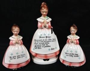 lot 94 image: Vintage Enesco Prayer Lady Napkin Holder w Salt & Pepper Shakers