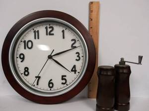 lot 147 image: Nice Wooden Wall Clock (Working)  Wood Salt Shaker & Pepper Grinder