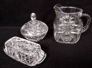 lot 154 image: Matching Design  3 Piece Glass Set, Butter Dish, Pitcher & Dish wLid