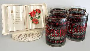 lot 162 image: Seasons Greetings Glass Set & Porcelain Bible with the Serenity Prayer