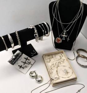 lot 35 image: Fabulous Fashion Collection of Silver-Toned Jewelry  Crosses, Religious & More