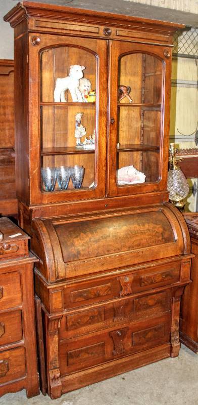 Antique Cylinder Roll Top Secretaries Desk With Hutch Beautiful Estate Full Of Antique Furniture Pieces Vintage Decor Decorative Glass Pewter Silver Brass Art Music Boxes Fostoria Reuge Waterford Tiffany Co Annie secretary desk with hutch. antique cylinder roll top secretaries