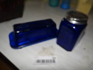 lot 782 image: Blue Glass Butter Dish and Shaker