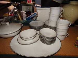 lot 974 image: Lot of White Dishes w Silver Trim
