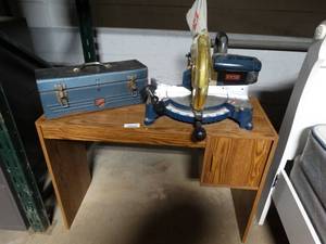 lot 1189 image: Ryobi Tablesaw w Manual, Desk, Toolbox and all Contents