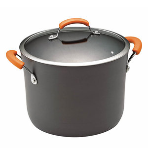lot 132 image: Rachael Ray Hard-Anodized Cookware 10 qt Covered Stockpot with Orange Handles