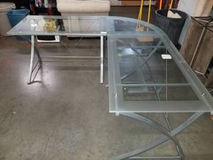 lot 6383 image: Glass Top Office Desk. With Fogged Edges. Tempered Glass . Metal Frame.