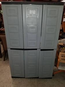lot 6384 image: Grey and Black Plastic Storage Bin. 3 Doors and Shelving. Contents NOT INCLUDED