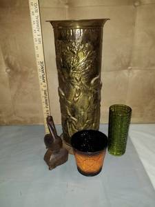 lot 7950 image: Lot of home decor Coppered Tin Vace, Glass Vase, Small Tin Bucket, Wooden Pelican