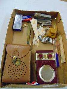 lot 3182 image: Stapler, Minature Cameras, Zeneith Radio in Leather Pouch