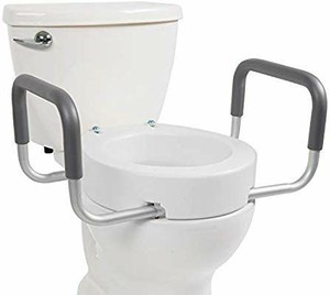 lot 1497 image: Vive Toilet Seat Riser with Handles - Raised Toilet Seat with Padded Arms for Handicapped - Medical Handicap Bathroom Safety Chair - Portable, High and Elevated Lifter Extender (Elongated)
