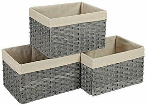 lot 1499 image: SONGMICS Set of 3 Rattan-Style Storage Bins, Indoor Collapsible Storage Baskets, Toy Organizers, 30L Decorative Bins with Liner and Handles, Bedroom Closet Laundry Room,