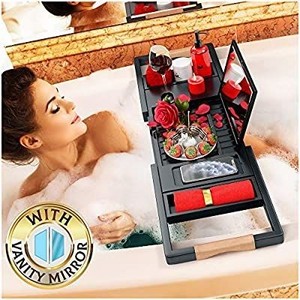 lot 1535 image: Your Majesty Premium Black Bamboo Bathtub Caddy Tray with Mirror