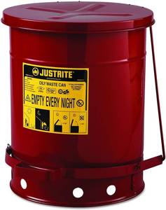 lot 1595 image: JUSTRITE 09300 Red Oily Waste Can, 10gal, Lever Lid