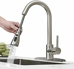 lot 1596 image: Hoimpro Commercial High-Arc Single Handle Kitchen Sink Faucet With Pull Out Sprayer, Modern Rv kitchen Faucet With Pull Down Sprayer, 3 Function Laundry Faucet, BrassBrushed Nickel(1 or 3 Hole)