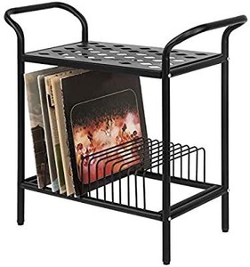 lot 1855 image: 2-Tier Modern Matte Black Lattice Style Metal Turntable and Vinyl Record Storage Organizer Table Stand