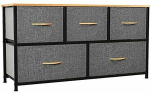 lot 1880 image: Dresser with 5 Drawers - Fabric Storage Tower, Organizer Unit for Bedroom, Living Room, Closets & Nursery - Sturdy Steel Frame, Wooden Top & Easy Pull Fabric Bins Dark Brown Wood Top(Cool Grey)