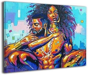 lot 1764 image: Okoart Canvas Wall Art Prints African American Lovers Couple Photo Painting