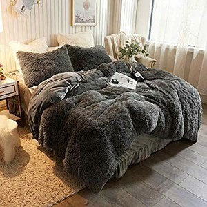 lot 4991 image: XeGe Plush Shaggy Duvet Cover Luxury Ultra Soft Crystal Velvet Bedding Set 1PC(1 Faux Fur Duvet Cover),Zipper Closure (Queen, Dark Gray)