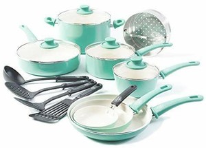 lot 5967 image: Soft Grip 16pc Ceramic Non-stick Cookware Set, Turquoise