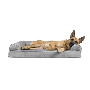 lot 6034 image: FurHaven Pet Dog Bed Memory Foam Faux Fur & Velvet Couch Sofa-Style Pet Bed for Dogs & Cats, Smoke Gray, Jumbo