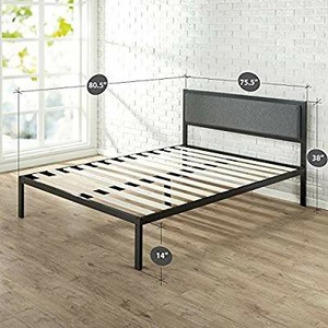lot 7006 image: Zinus Korey 14 Inch Platform Metal Bed Frame with Upholstered Headboard  Mattress Foundation  Wood Slat Support, King