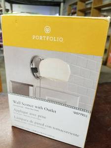 lot 1645 image: Portfolio Wall Sconce With Outlet - Chrome Finish W White Glass Shade -