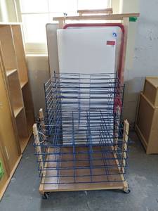 lot 7135 image: Rolling Art drying Rack, Dry Erase Boards, Large Easel Frame And More