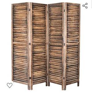 lot 4528 image: MyGift 4-Panel Rustic Brown Wood Louvered Room Divider with Dual-Action Hinges