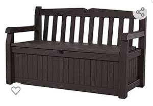 lot 4538 image: Keter Eden 70 Gallon Storage Bench Deck Box For Patio Decor And Outdoor Brown