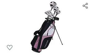 lot 4592 image: Aspire XD1 Ladies Womens Complete Right Handed Golf Clubs Set Includes Titanium Driver, S.S. Fairway, S.S. Hybrid, S.S. 6-PW Irons, Putter, Stand Bag, 3 HCs Pink