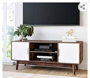 lot 4614 image: Nathan James Wesley Scandinavian TV Stand Media Console with Cabinet Doors, Walnut Brown