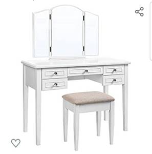 lot 4662 image: VASAGLE Vanity Set with Tri-Fold Mirror, Dressing Table with 5 Drawers, Desk with 1 Stool, Makeup and Cosmetics Storage, Multifunctional, Easy to Assemble
