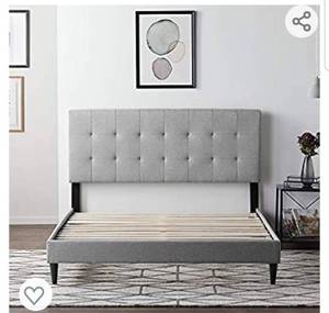 lot 4686 image: LUCID Upholstered Bed with Square Tufted Headboard -Linen Inspired Fabric ��Sturdy Wood Build ��No Box Spring Required Platform, Full, Stone